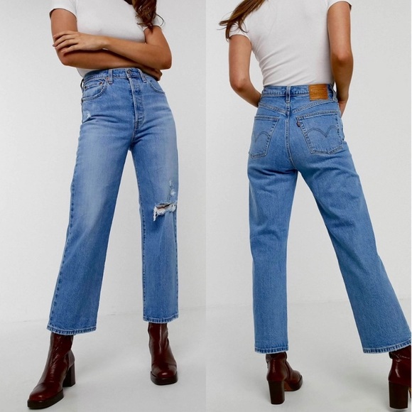 New Levi's premium Ribcage Straight Ankle Jeans denim blue distressed - Picture 3 of 7